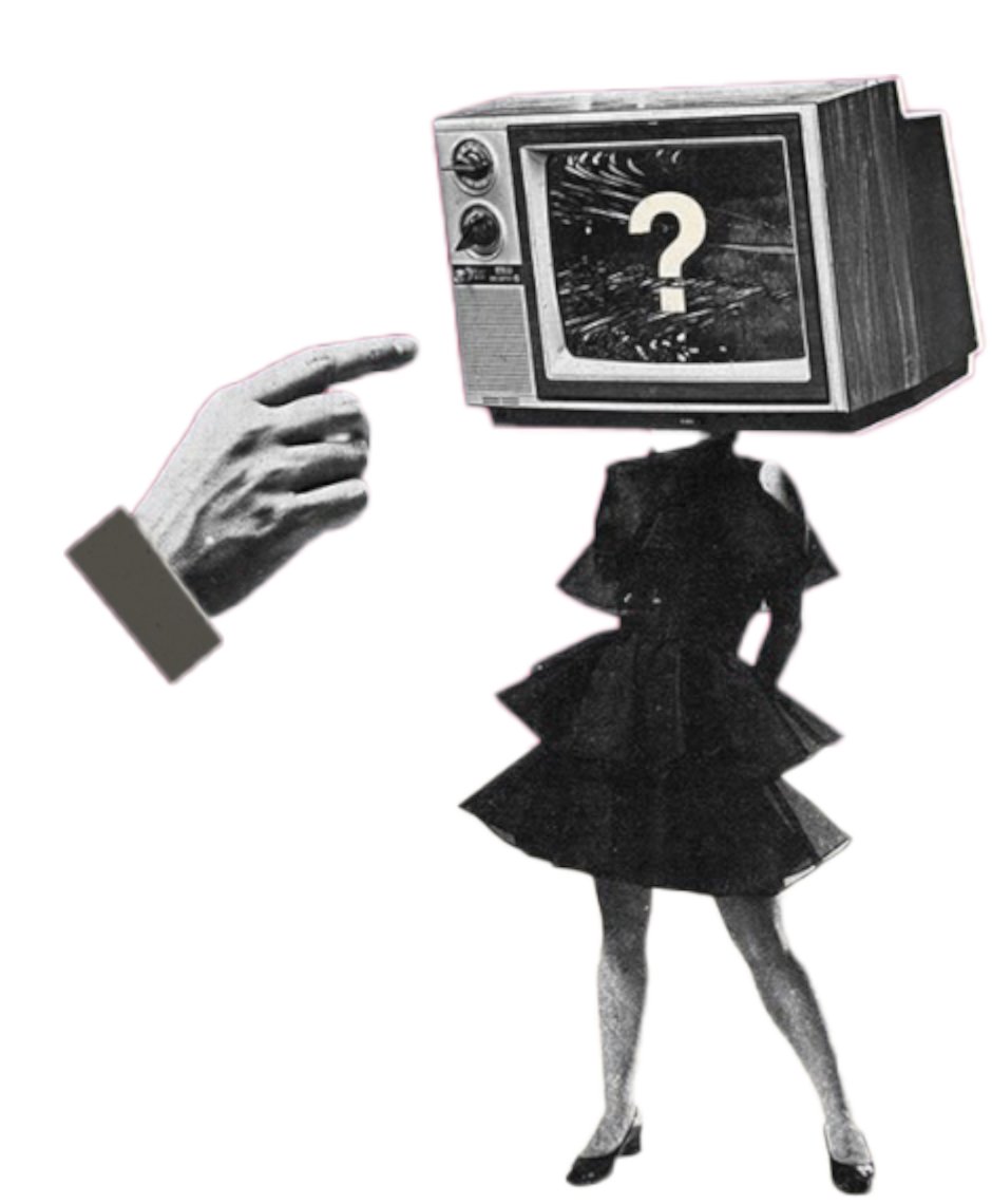 A surreal collage of a woman with a vintage TV head displaying a question mark, and a hand pointing at her.