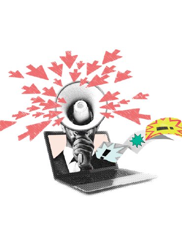 A surreal digital collage representing digital marketing, featuring a man emerging from a laptop with a megaphone, surrounded by red arrows symbolizing engagement and colorful speech bubbles depicting online interactions.